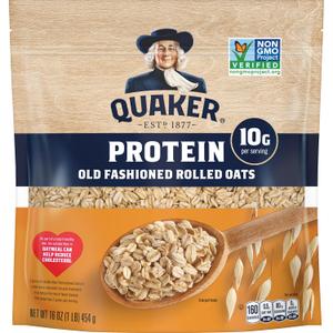 Quaker Protein Old Fashioned Rolled Oats, 10g Protein per Serving, Whole Grains, No Preservatives, No Artificial Flavors, 16 Oz Bag (BB: March 30, 2026)