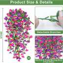 4PCS Artificial Fake Hanging Flowers Plants for Outdoor Spring Decor, UV Resistant Faux Morning Glory Eucalyptus Realistic Silk Petunias for Planter Porch Garden Balcony Yard Indoor (Purple Fuchsia)