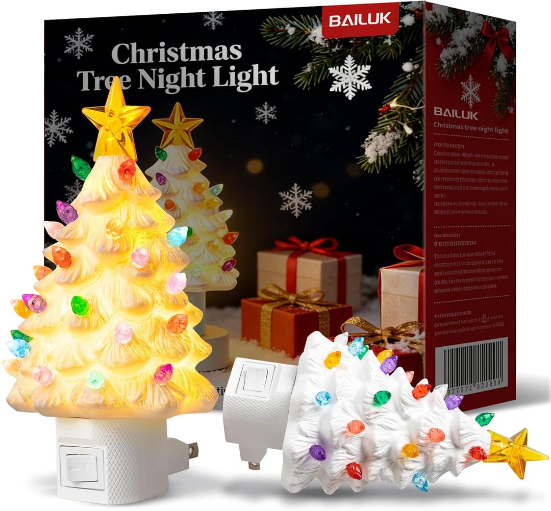 2 Pack Ceramic Christmas Tree Night Light,Vintage Decorative Xmas Tree Nightlight with Multicolor Bulbs, Christmas Gift for Bedroom Bathroom Decor (White)