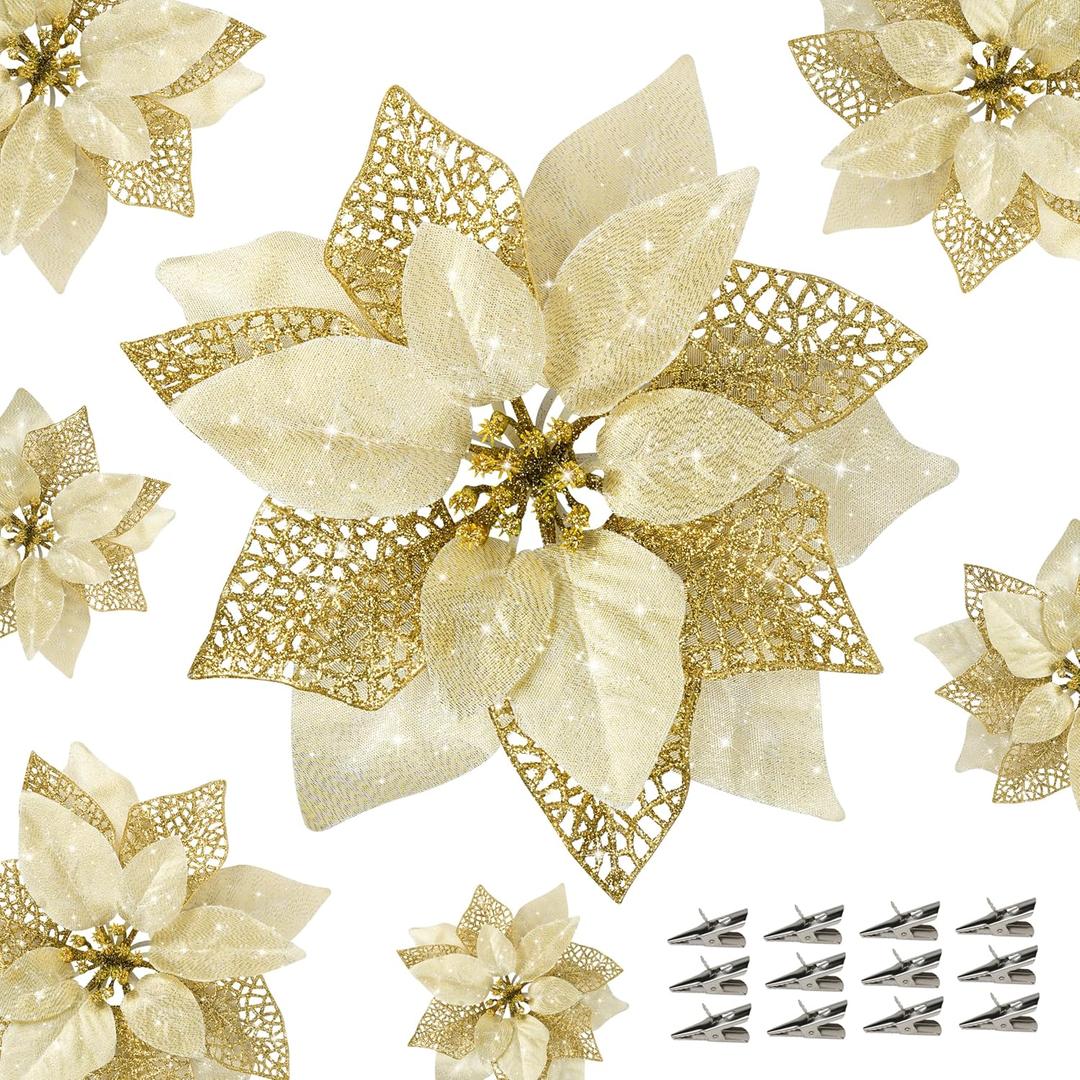 Childom 12 PCS Poinsettia Flower Artificial Poinsettia Christmas Decoration 8.7'' Gold Glitter Poinsettias Christmas Ornaments Xmas Tree Flower Decor with Clips DIY Xmas Wreath Holiday Home Party