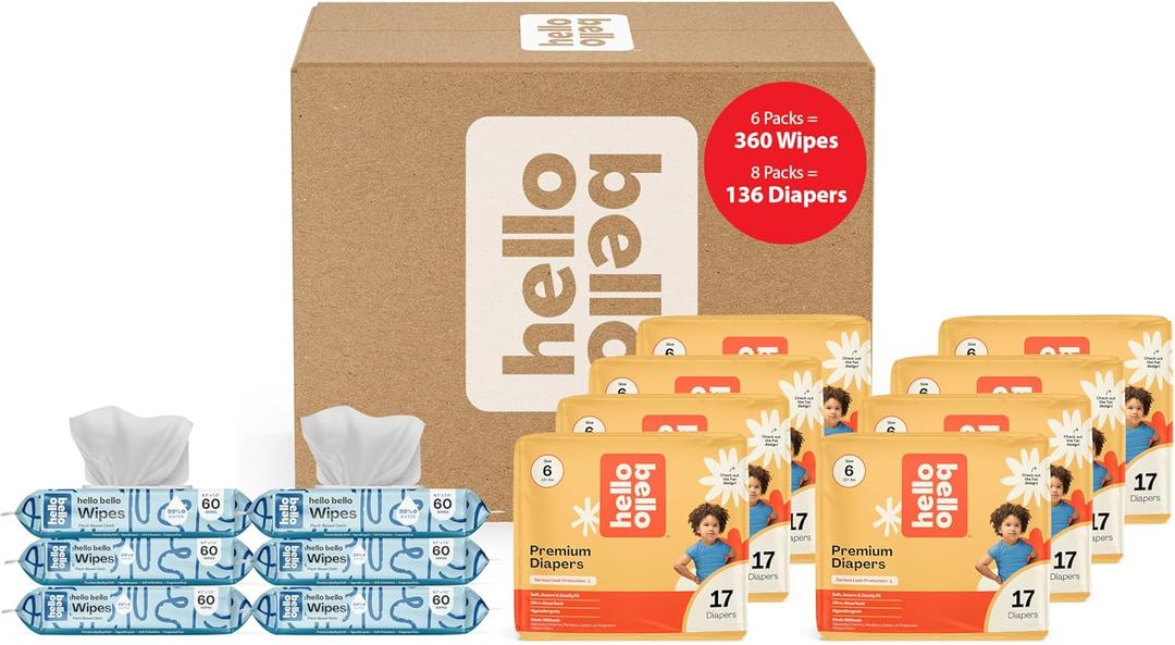 Hello Bello Mega Surprise Pack, Size 6 (35+ lbs), 136ct Hypoallergenic Assorted Diapers with a Soft, Cloth-Like Feel Plus 360 Ultra Gentle Unscented Baby Wipes in 6 Resealable Packs (Mega Pack (Neutral) With Wipes)