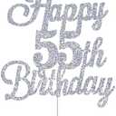 Happy 55th Birthday Cake Toppers Silver Glitter, Cheers to 55 Years Old Bday Decoration 55th Anniversary Cake Topper, Fifty-five Theme Cake Decorations for Birthday Anniversary Party