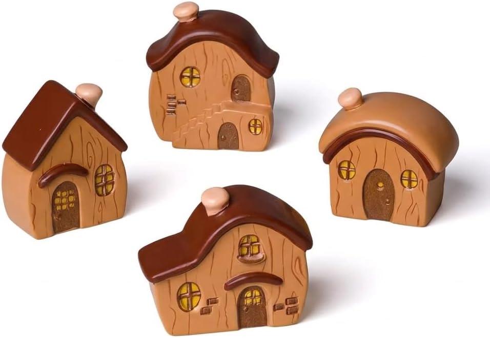 4PCS Forest Fairy Tale Mini House Figurines, Resin Miniature Cottage Ornaments for Dollhouse Decor, Desktop Display, Fairy Garden Scene