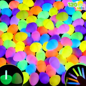 JOYIN 120 Pcs Easter Eggs with 120 Mini Glow Sticks for Kids Glow-In-The-Dark Basket Stuffers Fillers Gift, Easter Egg Hunt Game Party Favors Decorations Supplies, Classroom Prizes