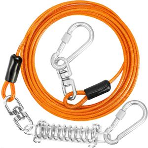 jenico Dog Tie Out Cable, 10/15/20/30/40/50/70/100/150FT Runner Cable with Swivel Hook and Shock Spring, Dog Leash Run Tether for Yard Outdoor and Camping,for Small to Medium Pets Up to 500 LBS (Orange)
