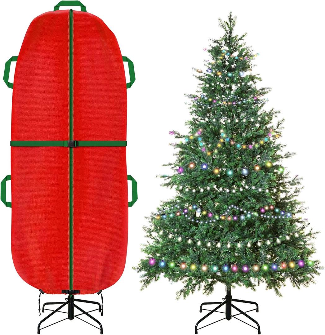 Jumbo Upright Christmas Tree Storage Bag, Upright Christmas Tree Storage Cover With Zipper & Adjustable Straps,Tear Resistant Upright Storage Christmas Tree Cover for 7.5 Foot Assembled Christmas Tree (Red)