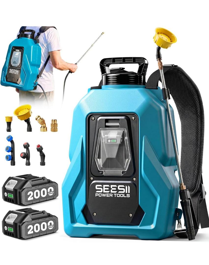 SEESII Backpack Sprayer Battery Powered, Leak-Proof 5-Gallon, Dual Battery Electric Sprayer with Telescopic Brass Wand & 7 Nozzles, 100 PSI Adjustable Pressure for Weed Lawn Garden Pest Control