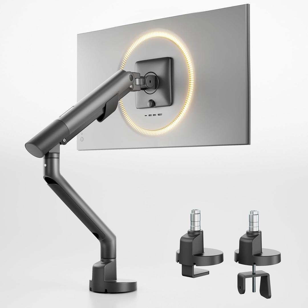 monTEK Heavy Duty Single Monitor Arm for 17-40 Inch Screens, Full Motion Monitor Mount Up to 26.4 lbs, Aluminum Monitor Stand with VESA 75/100mm, C-Clamp/Grommet Base for Curved Screens, Gray