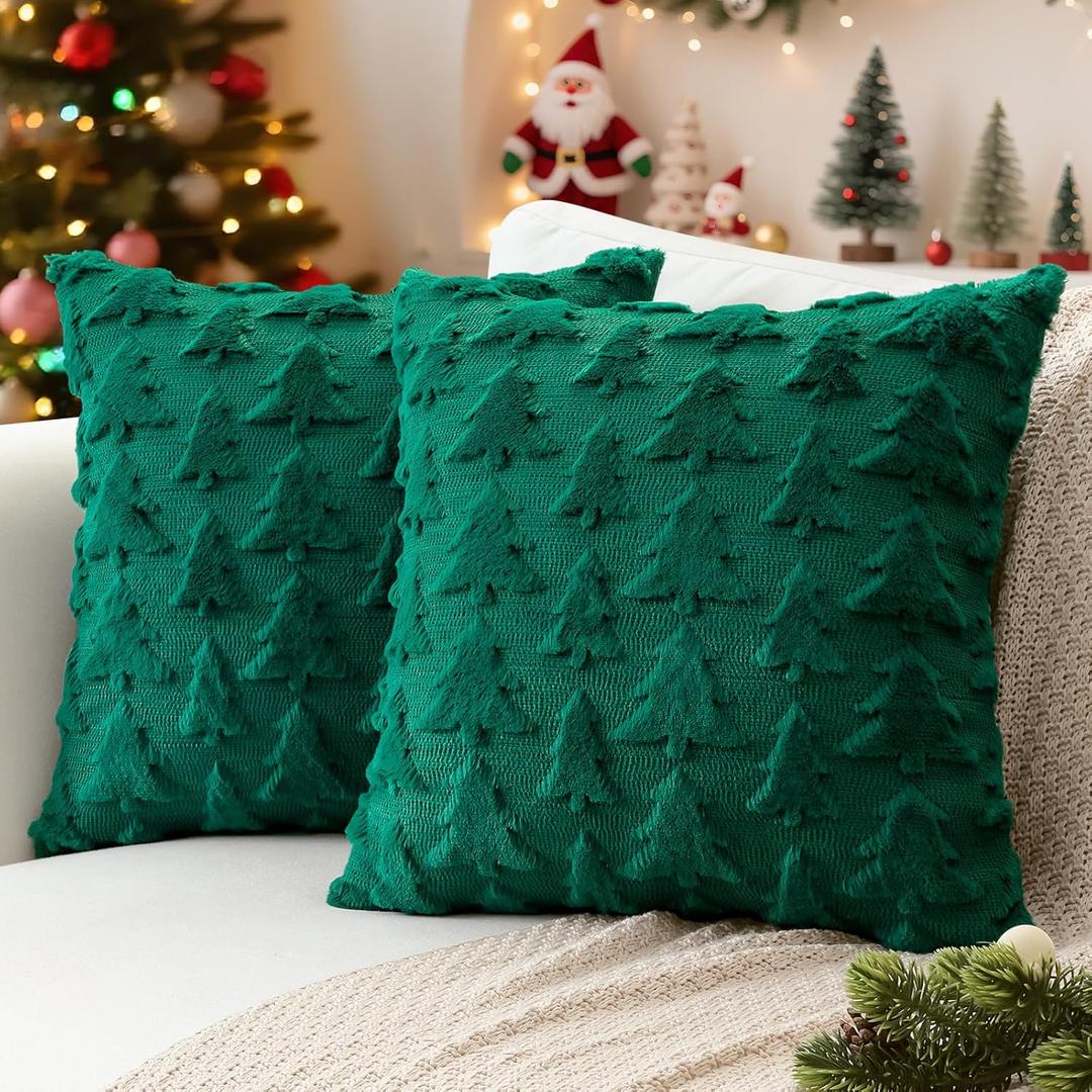 Artscope Christmas Tree Pillow Covers 18x18 Set of 2 Decorative Winter Holiday Throw Pillow Cases Soft Plush Faux Fur Velve Couch Cushion Case for Christmas Sofa Bed Room Home Decor-Green
