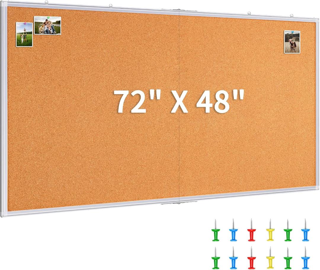maxtek Large Cork Board 72 x 48 in, Bulletin Board for Walls, 6'x 4' Extra Aluminum Framed Corkboard, Foldable Wall Mounted Back to School Pin Memo Notice Cork Board for Office, Home Wall Display, 72x48 inches Silver