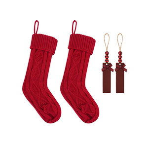 2Pack Personalized Christmas Stockings - 18 Inch Large Cable Knitted Xmas Hanging Stockings with DIY Wooden Name Tags for Family Holiday Decor (Red)