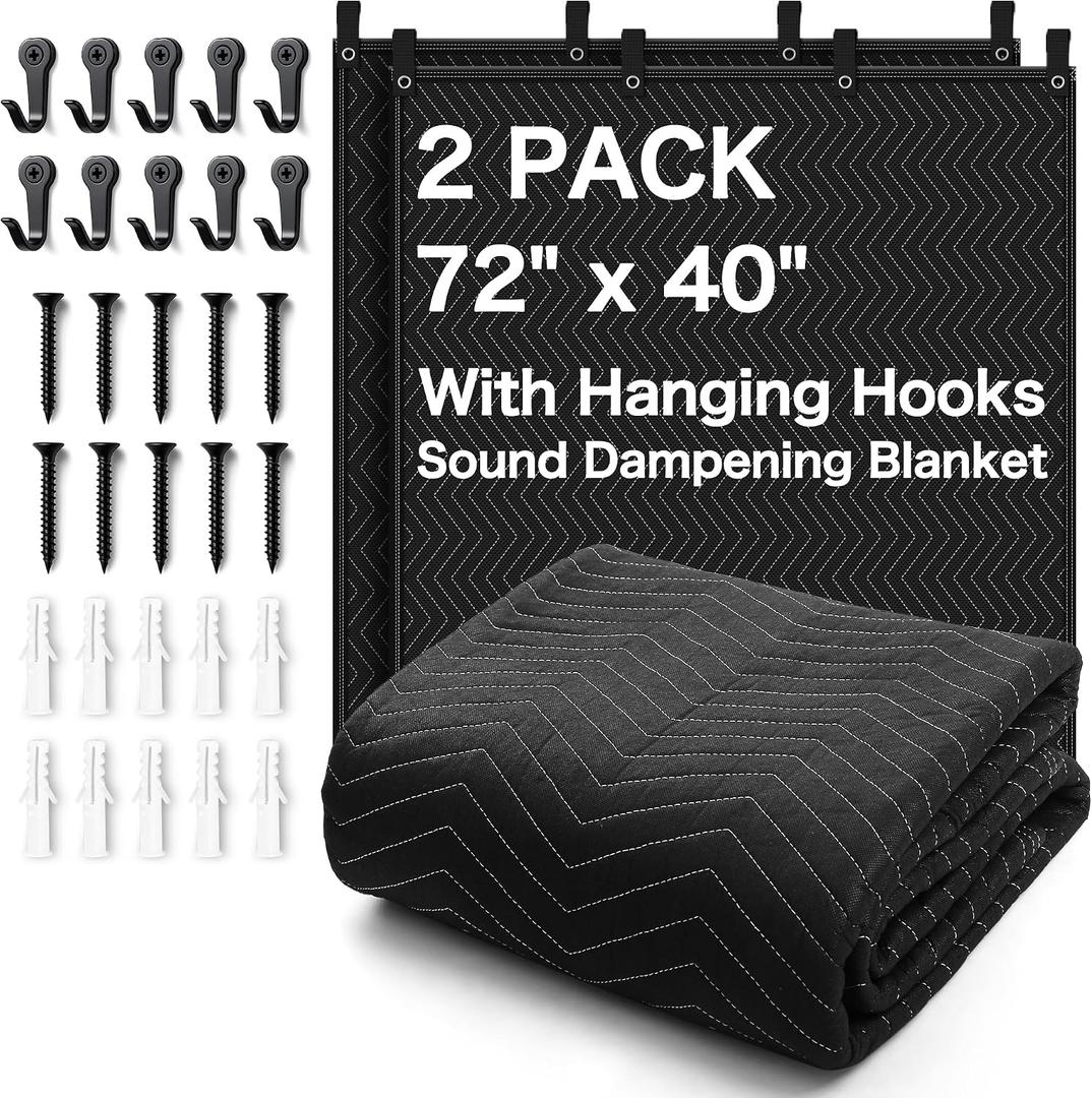 2PCS 72" x 40" Sound Dampening Blanket with Grommets,Heavy Duty Sound Absorbing Blanket for Recording Studio,Noise Reduction Soundproof Blanket,Light Blocking Acoustic Moving Blanket,Podcast,Theater