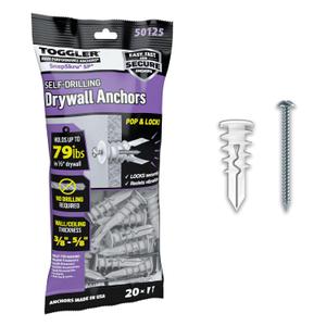 TOGGLER SnapSkru SP Self Drilling Drywall Anchor for Hollow Walls Application, Glass Filled Nylon, Made in USA, Wall Anchors with Screw, Anchors Kit for #6 to #10 Fasteners, (20 Pack w/Screws)