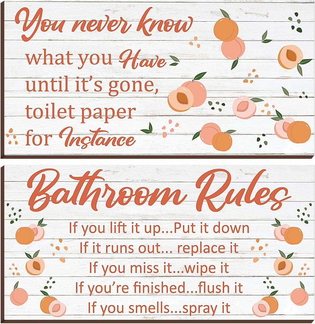 Yookeer 2 Pieces Wooden Peach Bathroom Decor Bathroom Rule Wall Plaque Decor Wooden Hanging Sign Funny Cute Farmhouse Peach Accessories Wood Plank for Home Rustic Decoration,12 x 6 Inch