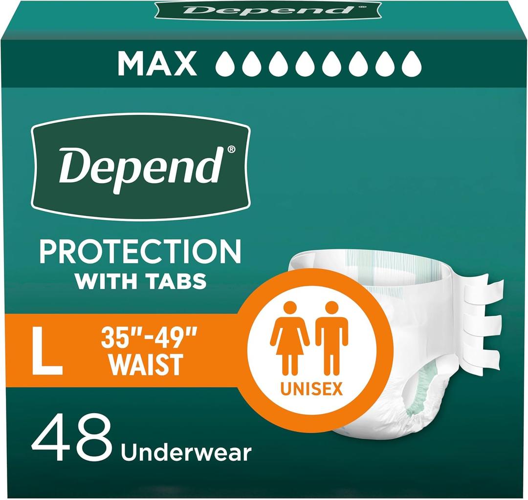 Depend Adult Diapers with Tabs, Incontinence Protection with Tabs, Unisex, Large (3549" Waist, over 170 lbs), Maximum Absorbency, 48 Count (3 Packs of 16)