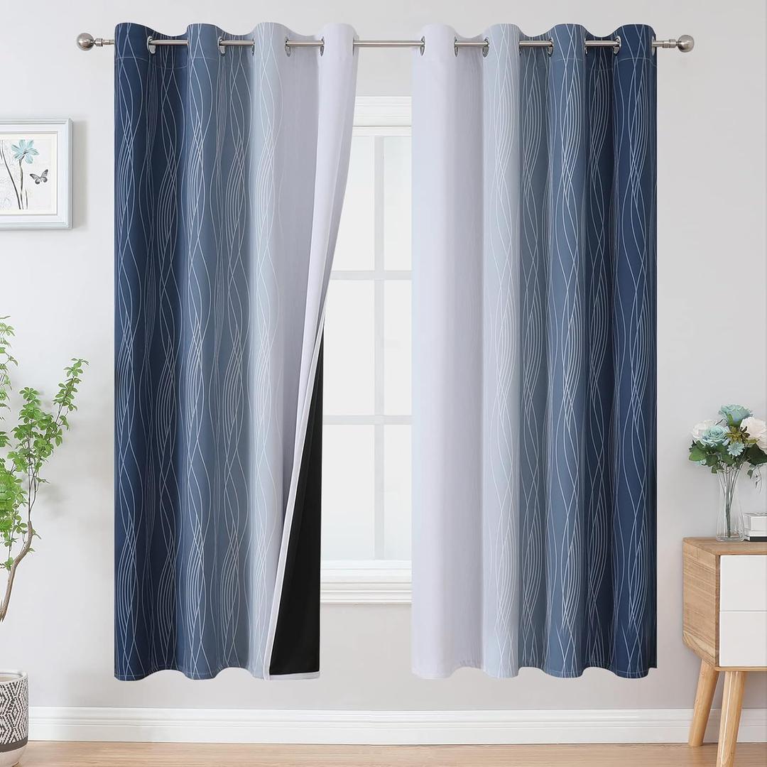 Estelar Textiler Navy Blue and Grayish White Blackout Curtains for Bedroom 72 Inches Long, Thermal Insulated Ombre Blackout Drapes, Room Darkening Energy Saving Drapes for Living Room, 52Wx72L, 2 Panels