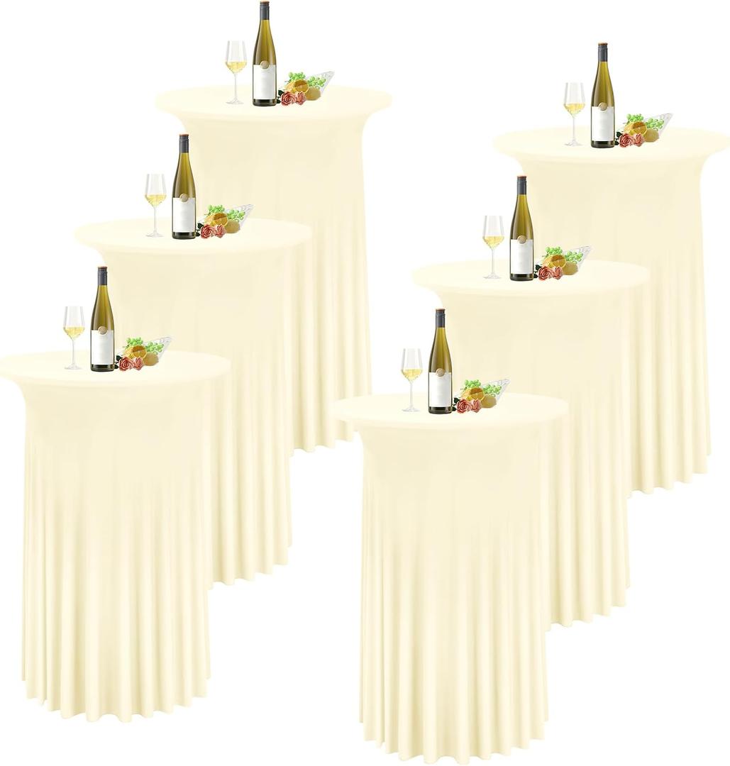 6 Packs Round Cocktail Table Skirt 32"x 43" Spandex Stretch Cocktail Tablecloth with Wavy Drapes, Beige Spandex Fitted High Top Table Covers for Wedding Bar Party Birthday Banquet Tables