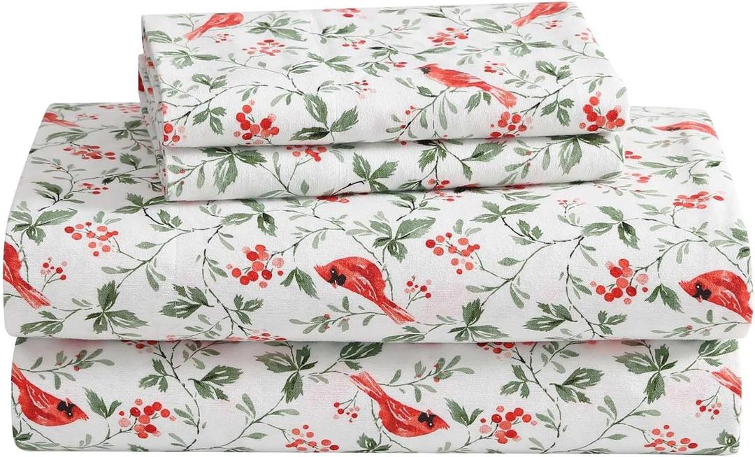 Laura Ashley - Flannel Sheets Twin Size, Anti-Pilling & Wrinkle Resistant Cotton, Touchably Soft for All-Season Comfort - Bed Sheets with Matching Pillowcase & Fitted Sheet (Jolly Cardinals Green)