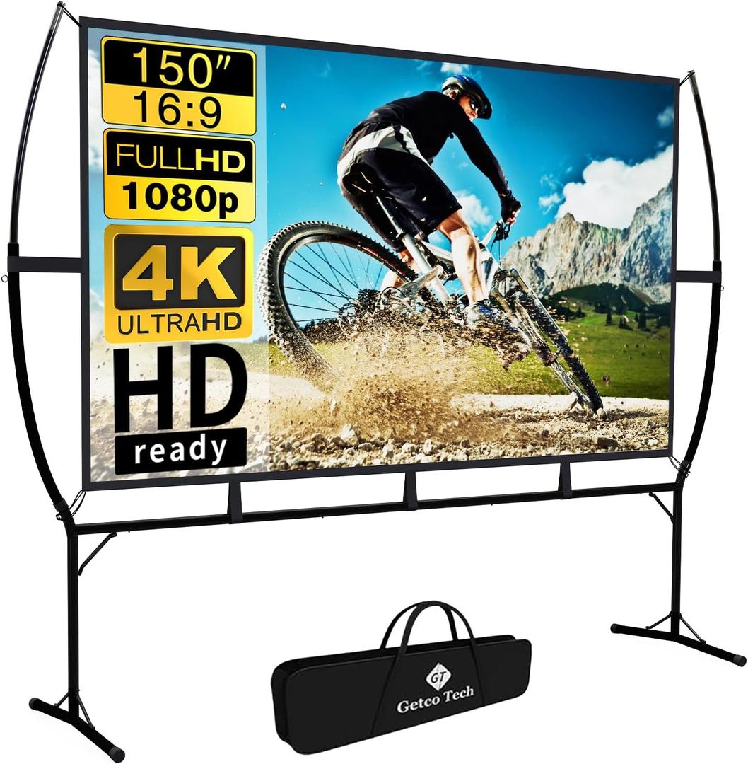 Projector Screen with Stand Foldable Portable Movie Screen169, HD 4K Double Sided Indoor Outdoor Projection Screen for Home Theater (150 Inch)