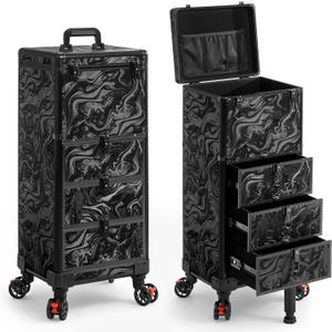 Rolling Makeup Train Case with 3 Drawers, Nail Trolley Cart Salon Station Cosmetology Case on Wheels Organizer Cases for Nail Tech,SPA,Face Painting,Hairstylist,Makeup Artist (Ink Black)