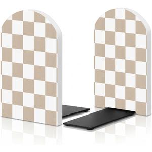 Boho Bookends Walnut Wood Beige Checkered Bookends for Shelves, Heavy Duty L-Shape Decorative Book Ends with Non-Slip Base, Boho Aesthetic Desk Decor for Organizing Book Home Decor