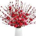 Childom Valentines Day Decorations,6 Pcs Artificial Flowers Heart Picks with Berries Red Pink Flowers for Valentines Day Tree Mothers Day Decorations for Home Office Room Table Anniversary Party Decor