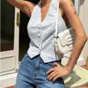 MakeMeChic Women's Plaid Halter Top Button Front Sleeveless Summer Going Out Crop Tops Blue Medium