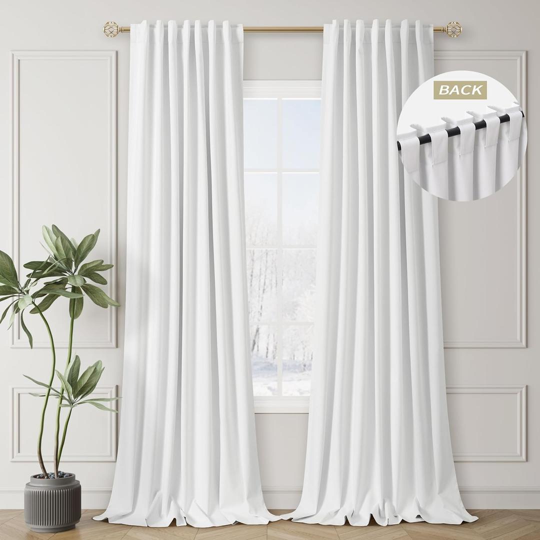 White Blackout Curtains 84 Inch Length 2 Panels Set Linen Textured Thermal Insulated Room Darkening Curtains for Bedroom Living Dining Room Back Tab Rod Pocket Modern Farmhouse Home Window Decor