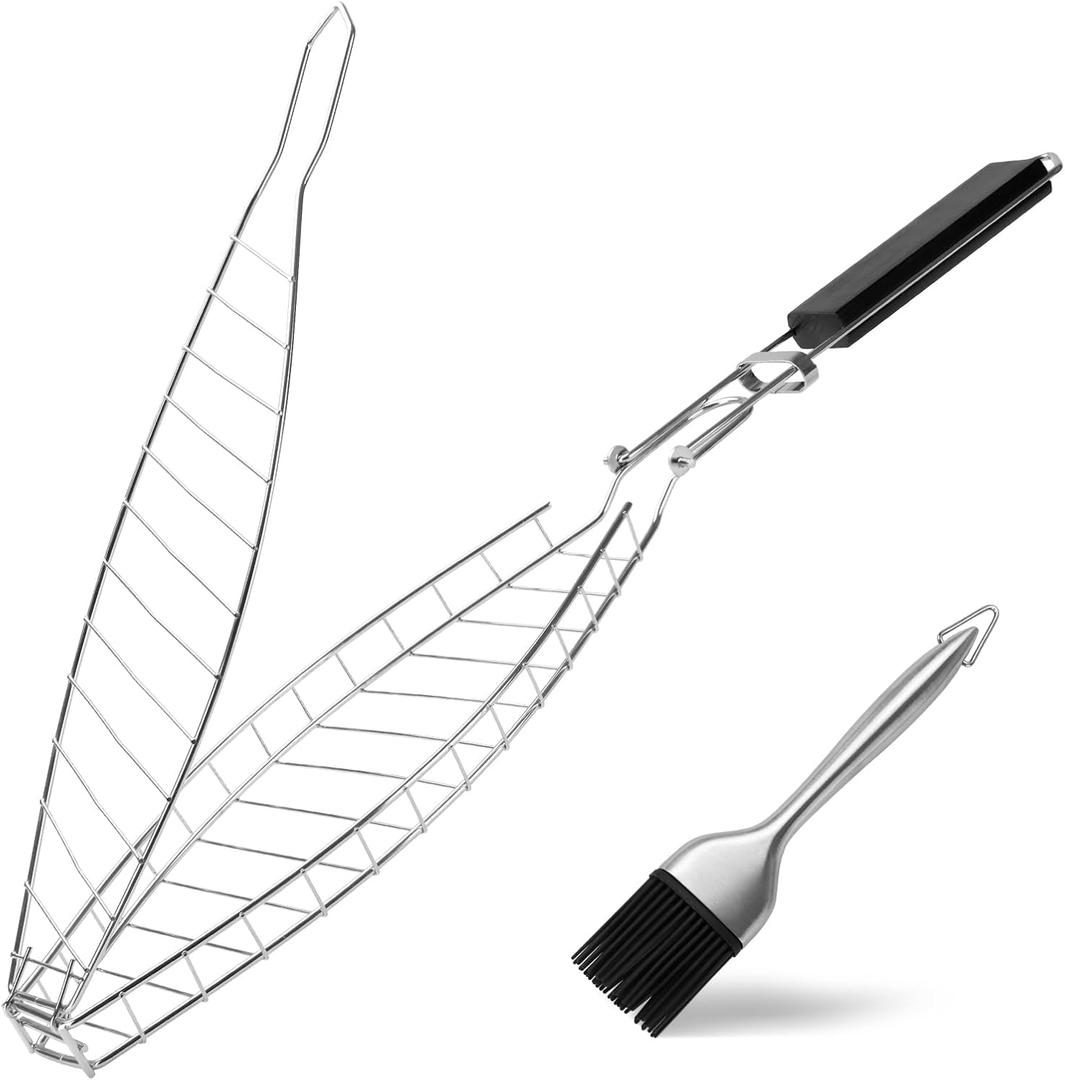 Fish Grill Basket, Large Fish Grilling Rack for Grill Fish Vegetables Shrimp, Folding Stainless Steel Grill Basket with Removable Wooden Handle & Basting Brush