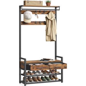 VASAGLE Hall Tree with Bench and Shoe Storage, Entryway Coat Rack with Shoe Bench, 2 Fabric Drawers, 10 Hooks, 11.8 x 31.7 x 71.5 Inches, Vintage Brown and Ink Black UHSR429B01