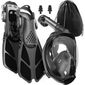 COZIA DESIGN Snorkeling Gear for Adults with Fins - Full Face Snorkel Mask and Swim Fins, 180 Panoramic View Snorkel Mask, Anti Fog and Anti Leak Adult Snorkel Set
(DeepBlack, Mask L - Fins M)