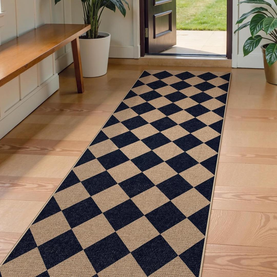 Lahome Coline Checkered Easy Jute Runner Rug, Carpet Runners for Hallway 8ft Washable Rug Non Slip Kitchen Runner, Checkerboard Black Indoor Outdoor Carpet for Entryway