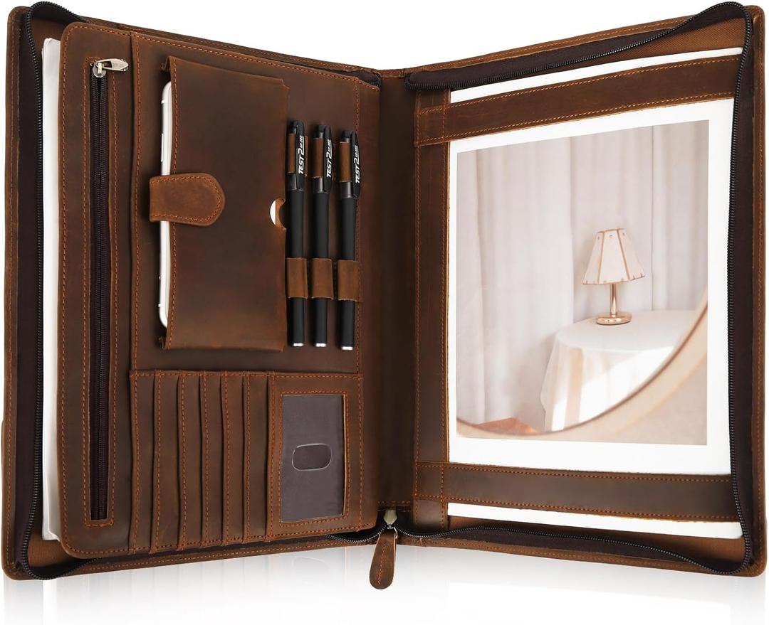 Jack&Chris Leather Portfolio with Zipper for Men Women, Leather Padfolio Organizer Business Resume Legal Pad Portfolio Notebook Binder for A4/Pad, JC007-8