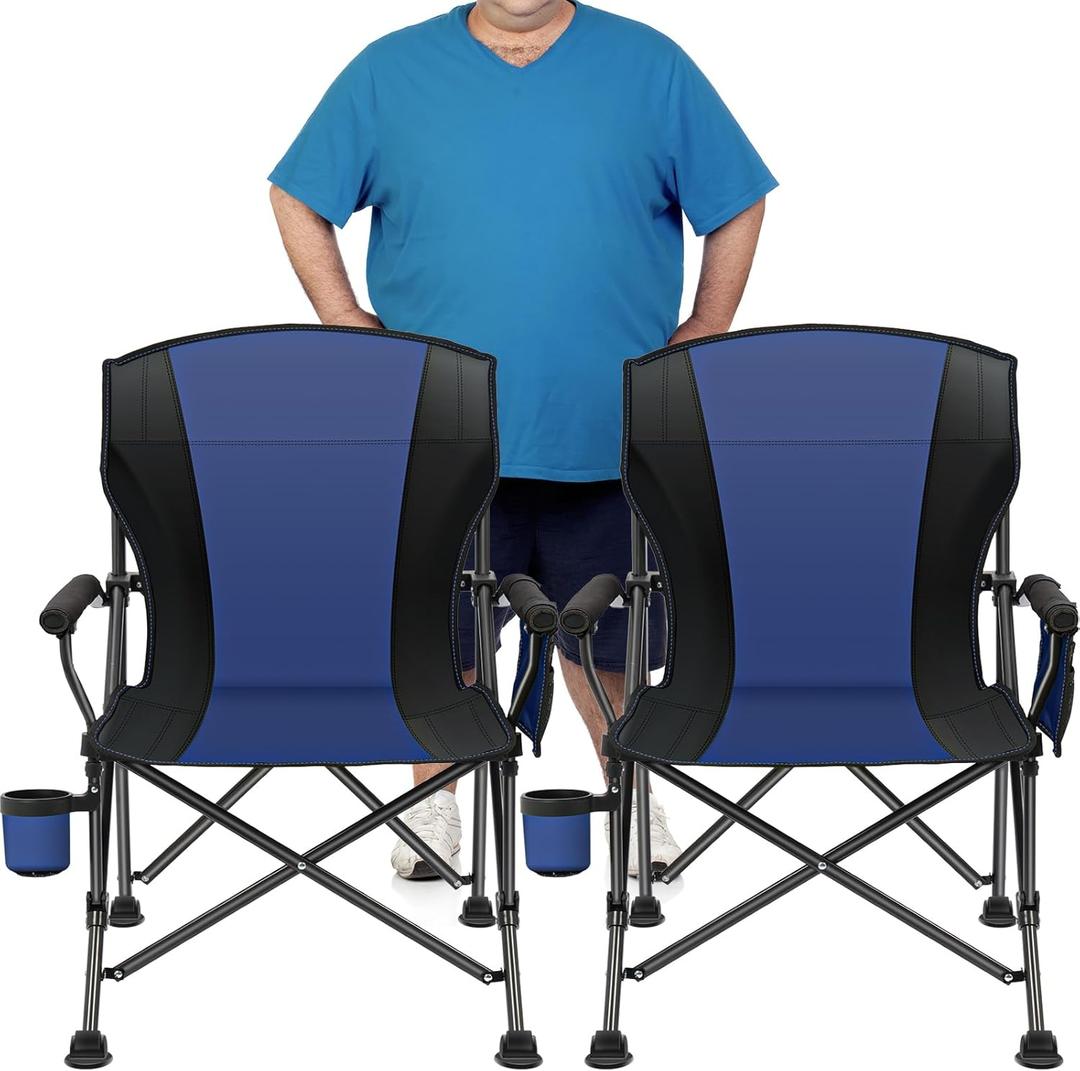 2 Pack Oversized Folding Camping Chair for Adults, Supports 450 LBS Camping Chairs, Heavy Duty Camping Chair with Side Pockets, Foldable Outdoor Chair for Camping, Beach, Fishing, Hiking, Blue-Black