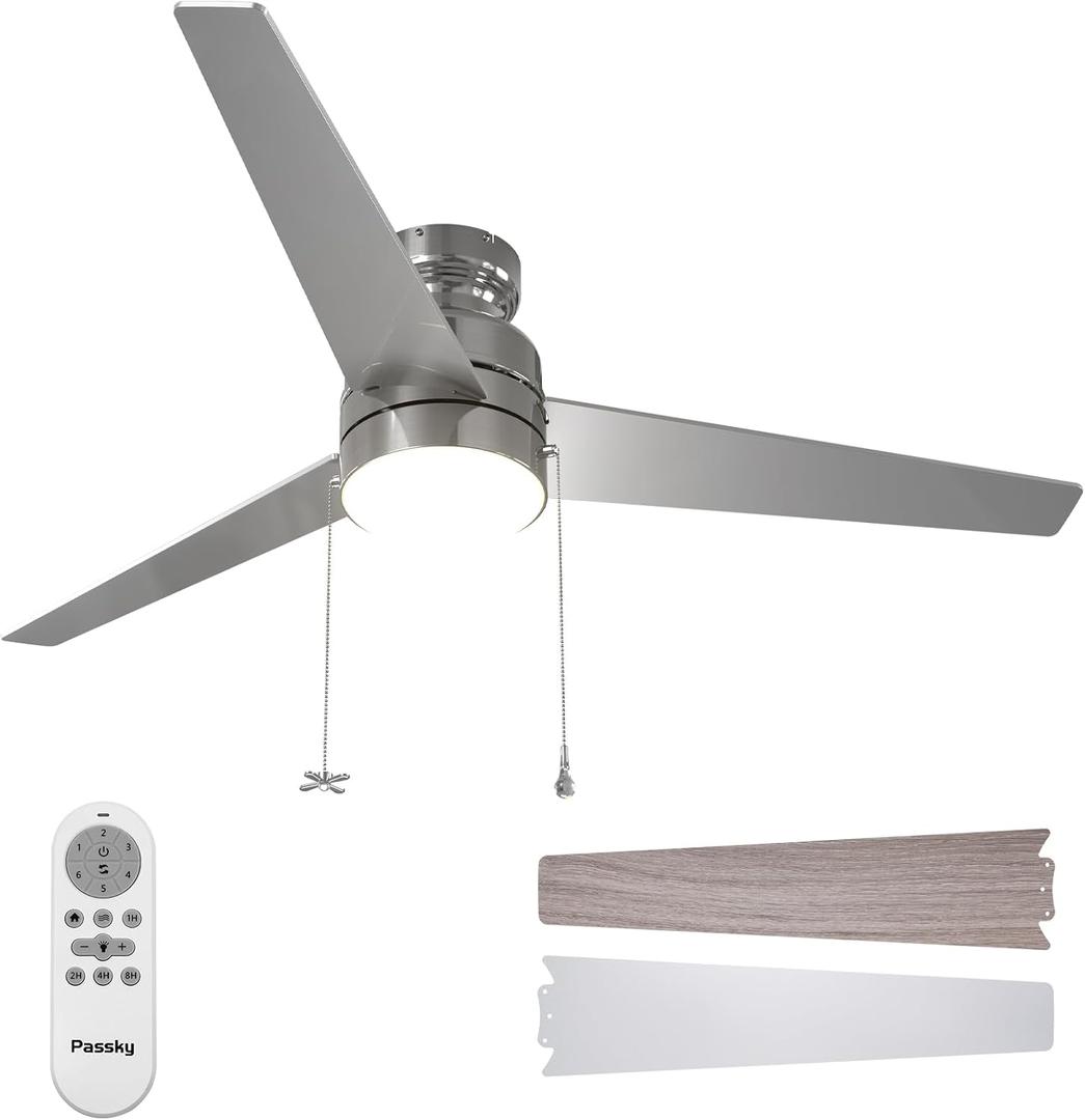 Passky Ceiling Fans with Lights, 52 inch Low Profile Ceiling Fan with Pull Chain and Remote Control, Flush Mount, Reversible, 5CCT, Dimmable, Noiseless, Nickel Pull Cord Ceiling Fan for Bedroom