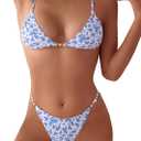 MakeMeChic Women's Tie Back High Cut Thong Bikini Sets Summer Swimsuit Bathing Suit (Blue White)