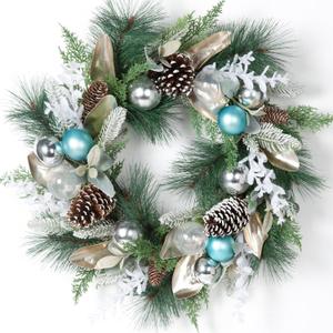 26 Inch Winter Wreath for Front Door  Winter Pine and Pinecone Wreath with Blue & Silver Ornaments, Frosted Greenery and Golden Leaves  Cedar Wreaths Holiday Decoration for Home, Fireplace & Porch
