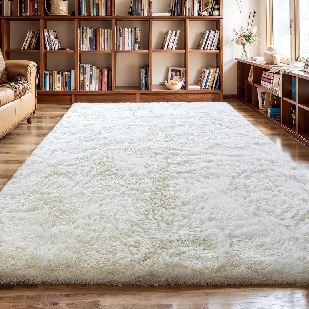 KICHOWUA Thick Area Rug 6x9 Cream White Fluffy Shag for Bedroom Living Room, Soft Plush Washable Thickened Non-Slip Fuzzy Furry Carpet, Modern Shaggy Large Rugs for Kids Nursery Boys Girls Dorm, Ivory