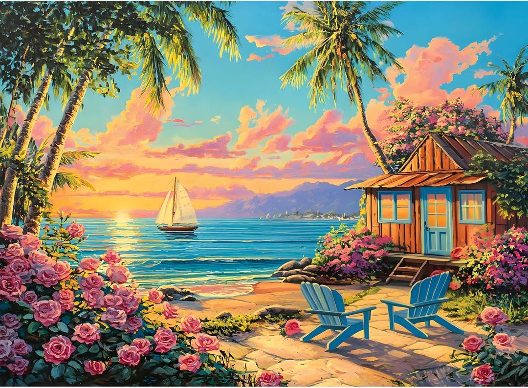 500 Piece Jigsaw Puzzles for Adults, Sunset Beach Cottage Puzzles, Fun and Challenging Puzzle for Family Time, Relaxing Gift for Adults, Seniors, 20.5 x 15 in