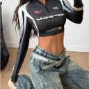 SweatyRocks Women's Racing Shirts Y2k Long Sleeve Half Zip Letter Graphic Crop Tops Black and Grey Large