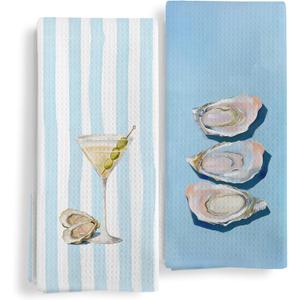 Blue Coastal Beach Oyster Cocktail Bar Kitchen Towels Set of 2, Summer Coastal Dish Tea Towels, Cocktail Gifts Decorative Hand Towel for Kitchen Home Bar Cart Decor, 16X24In