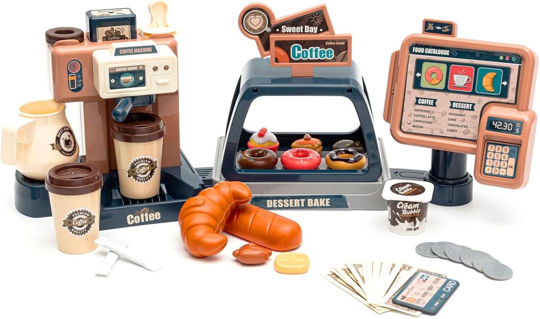 Pretend Role Play Toy Coffee Shop for Boys and Girls with Coffee Maker Machine and Fake Donuts 41Pcs (Classic Edition)
