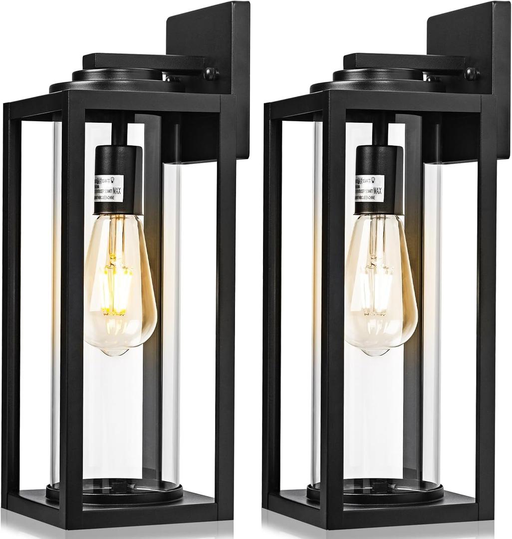 16inch Large Outdoor Wall Lights - 2 Packs Modern Black Exterior Light Fixture with Clear Glass Shade, Waterproof Porch Lighting for House, Farmhouse Sconces Lantern for Front Door, Garage (Sensor-Free)