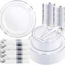 350Piece Silver Plastic Dinnerware Set for 50 Guests - Silver Plastic Plates with Cutlery Include:50Dinner Plates-50Dessert Plates-50Pre Rolled Napkins with Silverware (White and Silver - Modern)