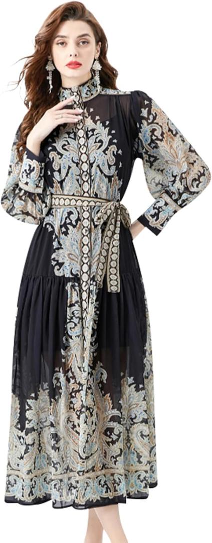 LAI MENG FIVE CATS Women Floral Print Button Up Casual Split Flowy Maxi Party Dress with Belt L