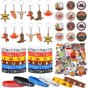 Sureio 86 Pcs Western Cowboy Party Favors Include 12 Keychains 12 Western Cowboy Silicone Bracelets Button Pins 50 Waterproof Theme Stickers for Birthday Party Supplies