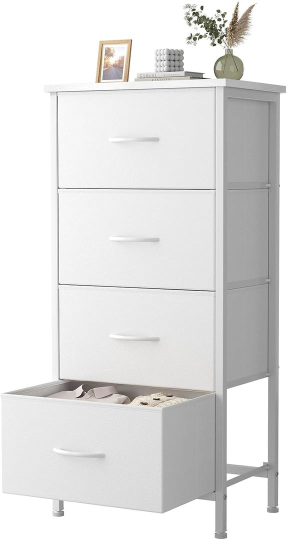 Sweetcrispy 4 Fabric Drawer Small Dresser, Bedside Nightstand with Wooden Top Sturdy Frame, Entryway Closet Bedroom Storage Cabinet Furniture for Dorm,White