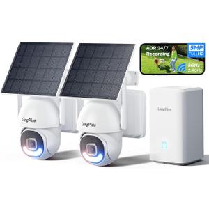 LongPlus 5MP Security Camera System Wireless Outdoor, No Subscription, Solar-Powered, WiFi Home Security Camera System with 360  Pan & Tilt, AOR Tech 24-7 Recording, Expandable 8CH, 2 Cam-Kit