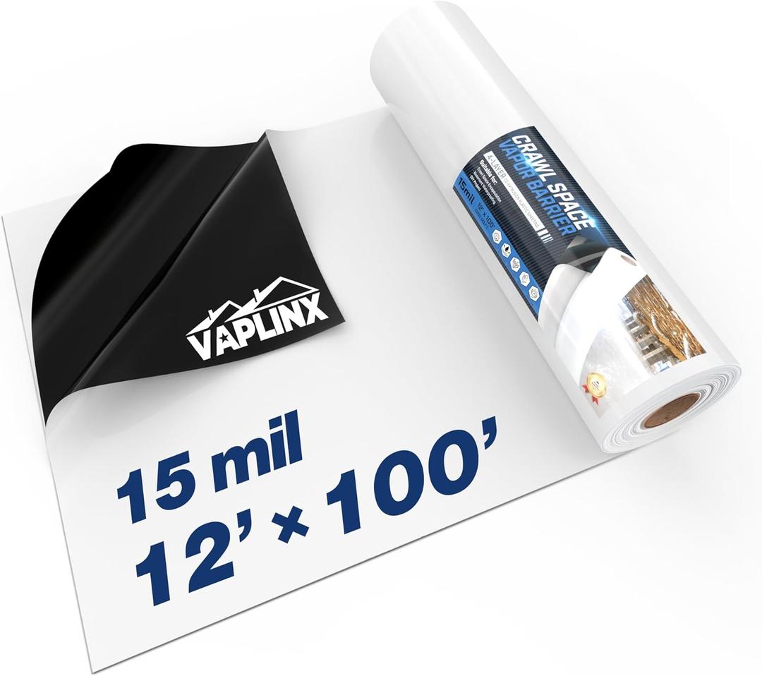Crawl Space Vapor Barrier - 15 Mil Vapor Barrier - (12' x 100'), Tear Resistant, Heavy Duty Vapor Barrier Plastic, Drop Cloth Moisture Barrier Plastic Sheeting Covering for Crawlspace Encapsulation