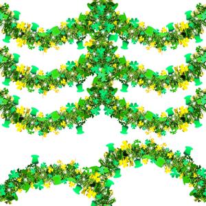 50 FT St Patricks Day Tinsel Garland Gold Green Shamrock Hat Garland Decorations, Shiny Metallic Hanging St. Patrick's Day Decors for Home Indoor Outdoor Party Supplies